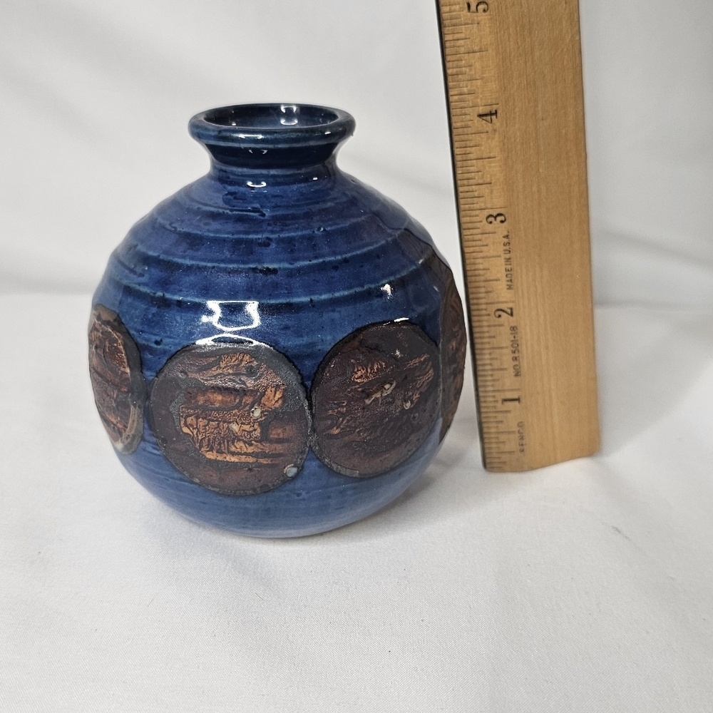 Otagiri OMC Japan Miniature Bud Vase Blue Brown Glazed Gold Sticker Vintage - Picture 9 of 9